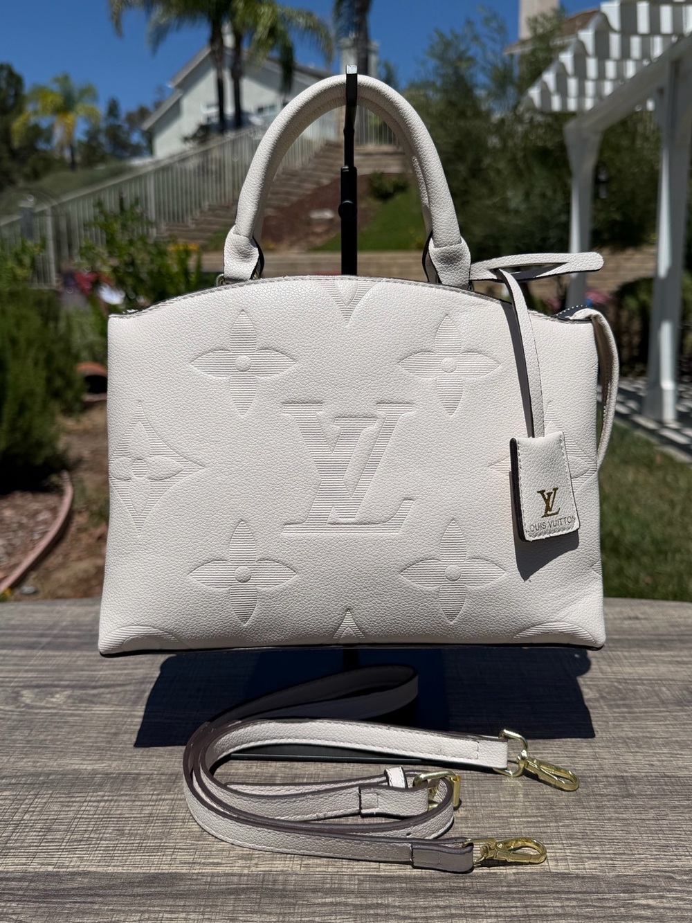 NEW LV Print Cream Monogram Palais Embossed Satchel Shoulder Bag Source Unknown